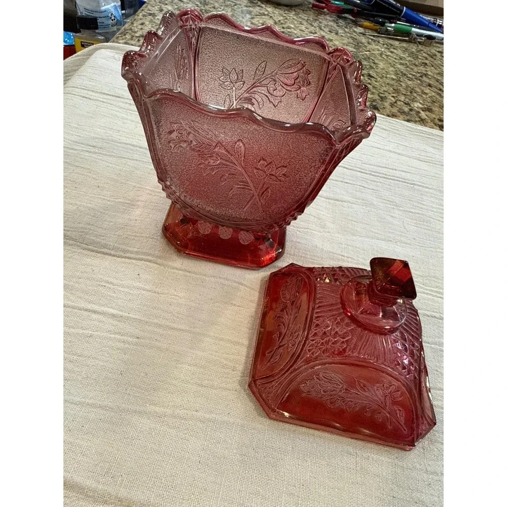 Vintage Ruby Red Glass Candy Dish with Lid Floral Rose Pattern Footed Square 7in